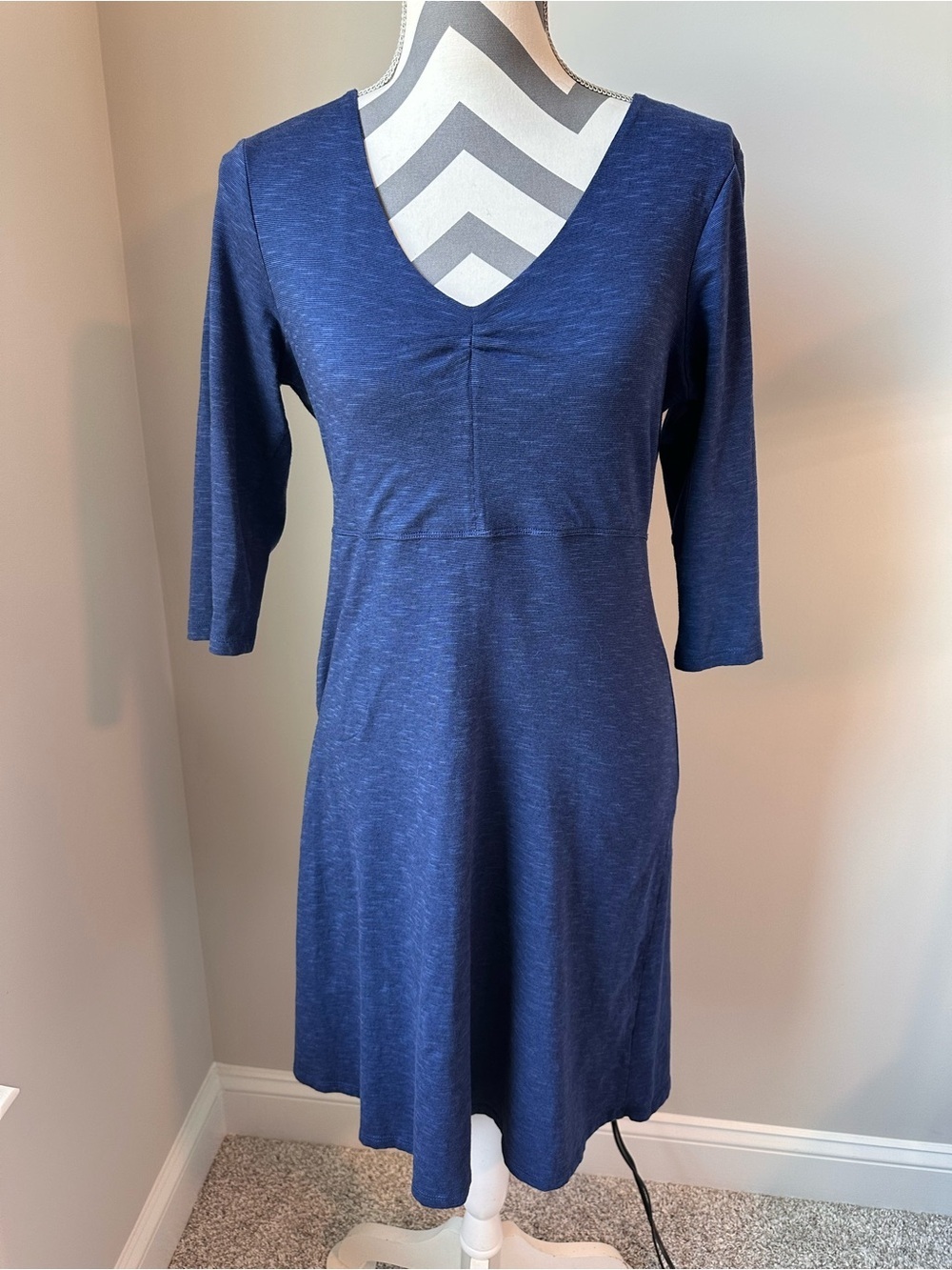 Toad & Co Rosalinda Dress Medium Blue Organic Cotton V-Neck A-Line Hidden Pocket